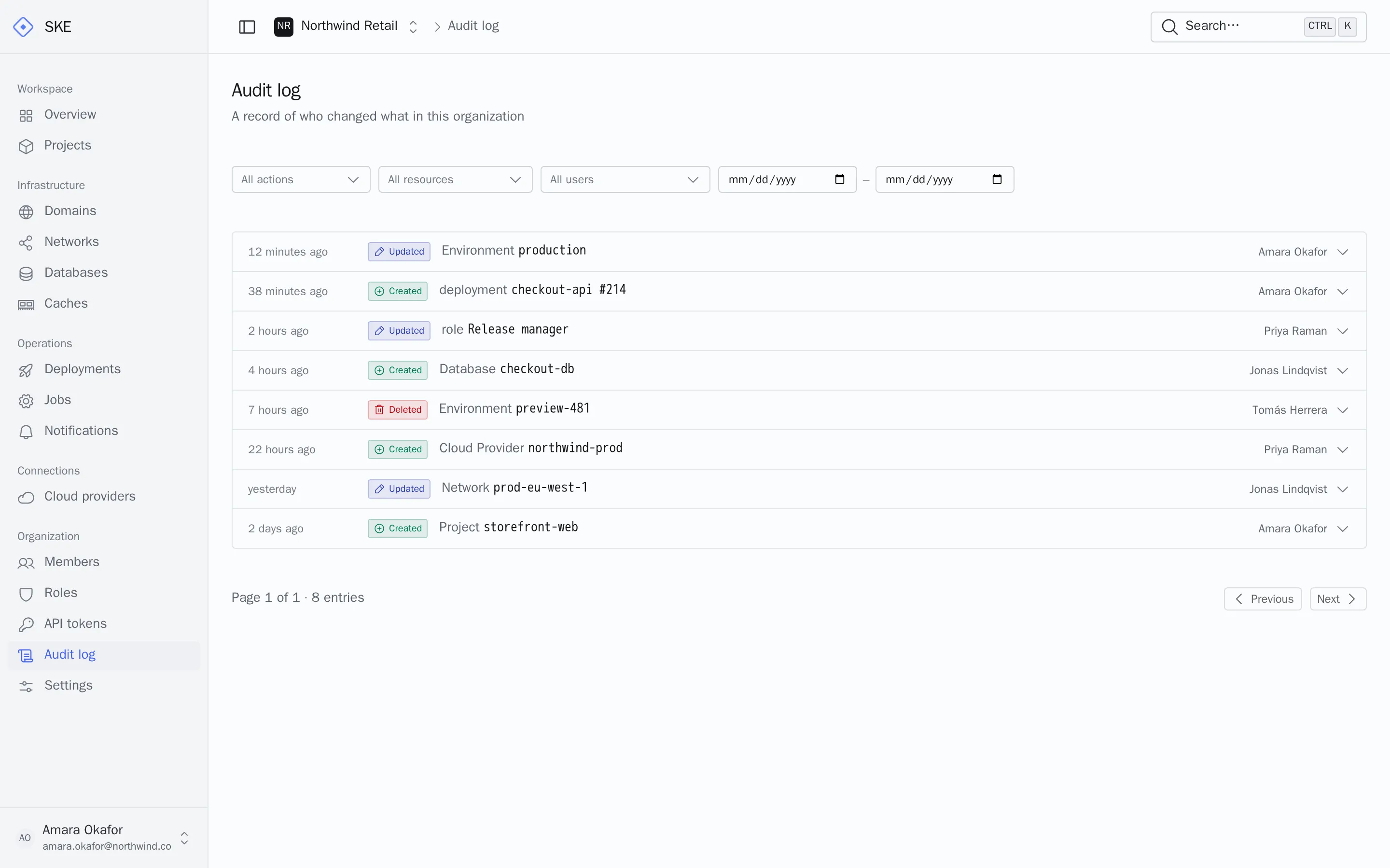 The SKE audit log listing recent changes: a production environment marked protected, a deployment, an updated role, a new database and a deleted preview environment, each with the person who made it.